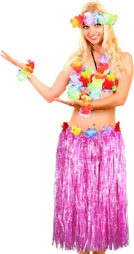 Vista 7 de 8 Pieces Hawaiian Grass Hula Skirt Costume Set Necklace Garland Bracelet Bikini Top for Women Tropical Luau Party Decoration