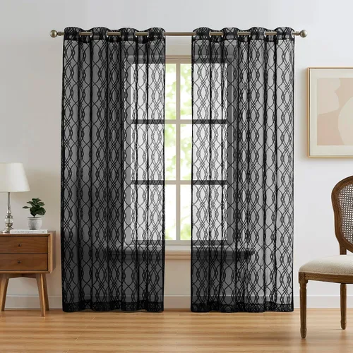 Vista 3 de Warm Home Designs Cortinas modernas para sala de estar o dormitorio. Cortinas negras transparentes de 84 pulgadas de largo con diseño geométrico
