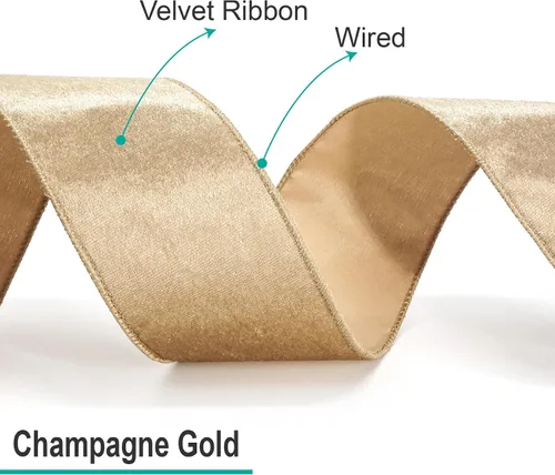 Vista 4 de Cinta de terciopelo dorado champagne de 2.5 pulgadas x 10 yardas para adorno de árbol de Navidad, decoración del hogar, corona, envoltura