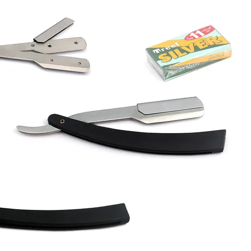 Vista 4 de OdontoMed2011® Rastrillos profesionales rectos de acero con borde de barbero plegable para afeitar, rastrillo de afeitado doble (mango negro)