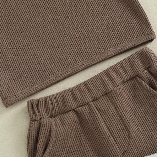 Vista 7 de Omkzanbi Conjunto de ropa de verano para bebé niño, camiseta de manga corta, pantalones cortos de punto gofre, 2 piezas, pantalones cortos