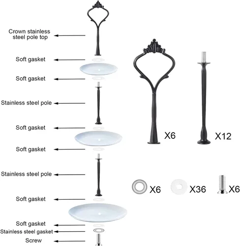 Vista 3 de Juego de 6 bandejas escalonadas para soporte de pastel, corona, soporte de 3 niveles para tartas, accesorios para bodas y fiestas, resina para Negro