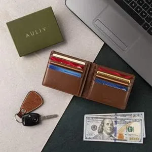 Vista 8 de AULIV - Billetera plegable para hombre 3.1x4.3 in - Protección Rfid, tarjetero con ventana de identificación, billetera de cuero de grano completo
