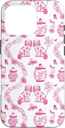 Vista 20 de Preppy - Carcasa para iPhone 16, diseño de perros y tarros de jengibre, color rosa y blanco