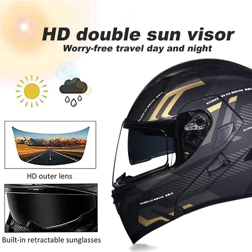 Vista 4 de Casco modular Bluetooth de doble visera para motocicleta, casco integrado abatible de cara completa, con Bluetooth impermeable que puede soportar