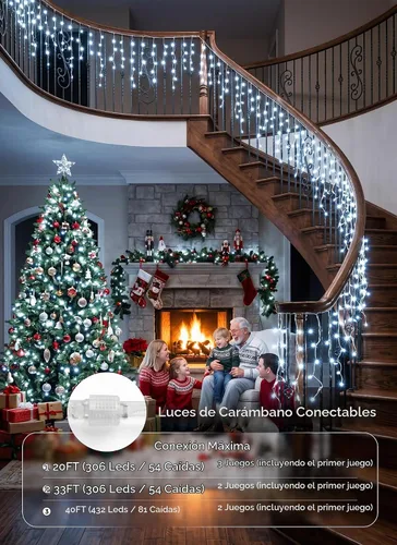 Vista 4 de Luces de Navidad de carámbano para exteriores, 40 pies, 432 LED, impermeables, para exteriores, 8 modos de iluminación, con control remoto Blanco