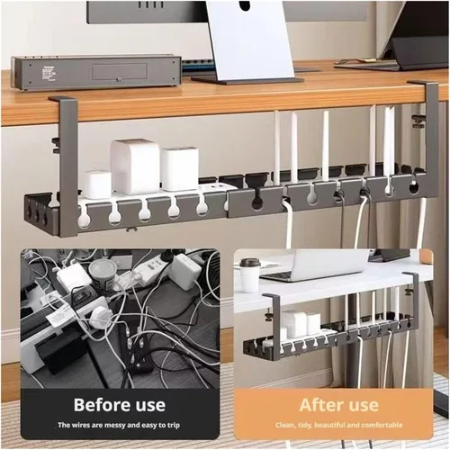 Vista 4 de Extendable Under-desk Cable Management Tray, No Drilling Required, Adjustable Clips, Cable Hidden Channel Organizer(Fixed black)