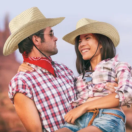 Vista 7 de Unittype Juego de 6 sombreros de vaquero de paja con bandanas, paquete de accesorios de fiesta de vaquero, disfraz clásico de sombrero de vaquero