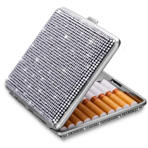 Vista 9 de SAVORI Estuche de cigarrillos para mujeres y hombres, soporte de cigarrillos de metal con cristales brillantes de doble cara, caja de cigarrillos AB