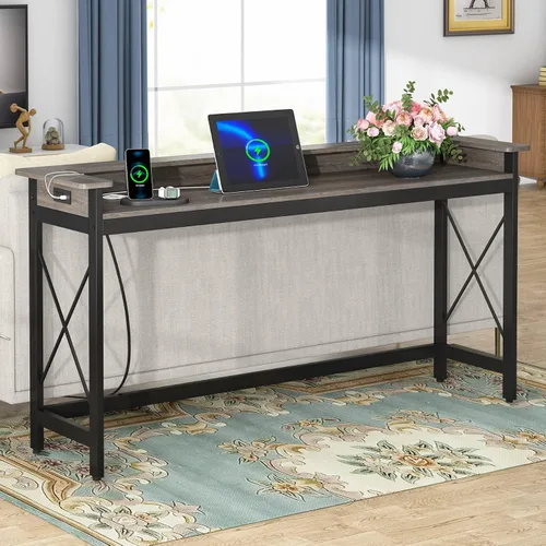 Vista 9 de Tribesigns Mesa de sofá con tomas de corriente y puertos USB, mesa consola extra larga de 70.9 pulgadas detrás del sofá con estación de carga, mesa
