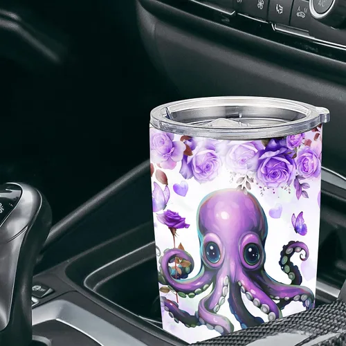 Vista 4 de Dorris Vaso de pulpo personalizado aislado con tapa, nombre personalizado, taza de café de viaje morada, tazas térmicas, regalo novedoso para Para