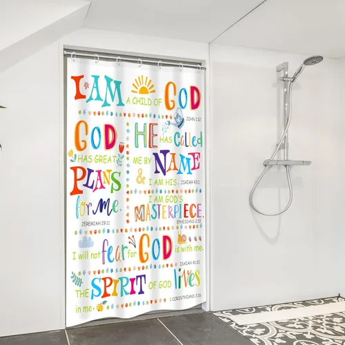 Vista 3 de Cortina de ducha cristiana con versos bíblicos para niños, baño, 48 pulgadas de ancho x 71 pulgadas de alto, pequeña cabina, escrituras