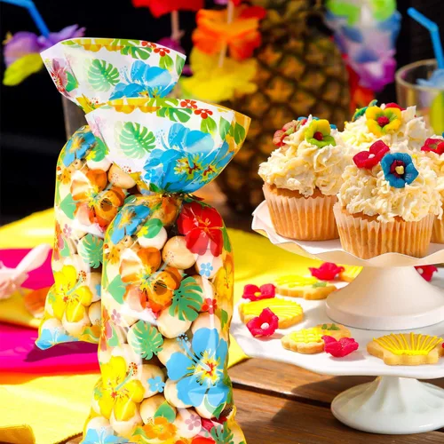 Vista 3 de 100 bolsas hawaianas de celofán Luau tropical, Aloha Hibiscus, bolsas de golosinas, suministros para fiestas Tiki, decoraciones Luau con 100 lazos