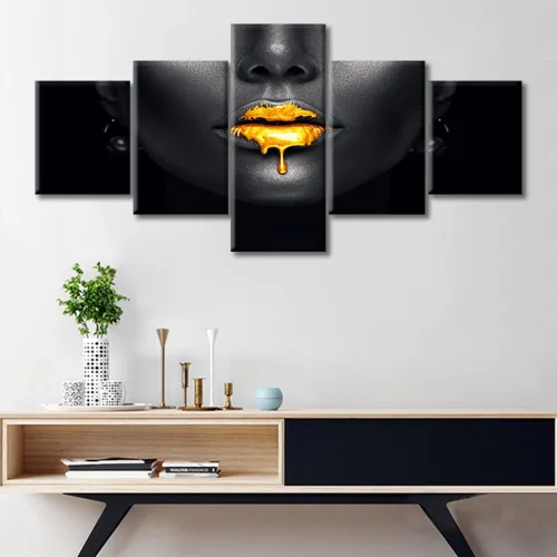 Vista 2 de Póster abstracto de labios de niña, cuadros dorados sobre lienzo, arte de pared, hermosos pósteres e impresiones en lienzo de 5 piezas, arte