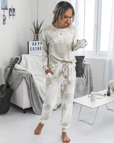 Vista 2 de Prettygarden - Conjunto de pijama para mujer, teñido anudado, de dos piezas, pijama con camiseta de manga larga y pantalón largo, con bolsillos