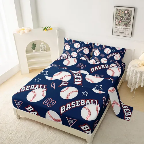 Vista 3 de QOOMO Sábanas de béisbol, sábanas deportivas para niños y adolescentes, bolsillo profundo de 16 pulgadas, juego de 4 piezas, tamaño individual