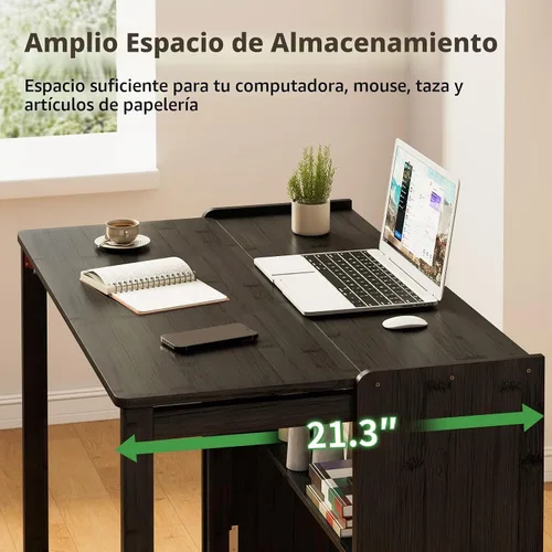 Vista 5 de Escritorio plegable para espacios pequeños, escritorio plegable de bambú con almacenamiento, color negro
