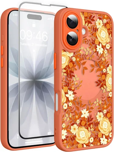 Vista 126 de Magnético para iPhone 13 con protector de pantalla [Compatible con MagSafe] Diseño de patrón floral de flores bonitas, funda delgada a prueba