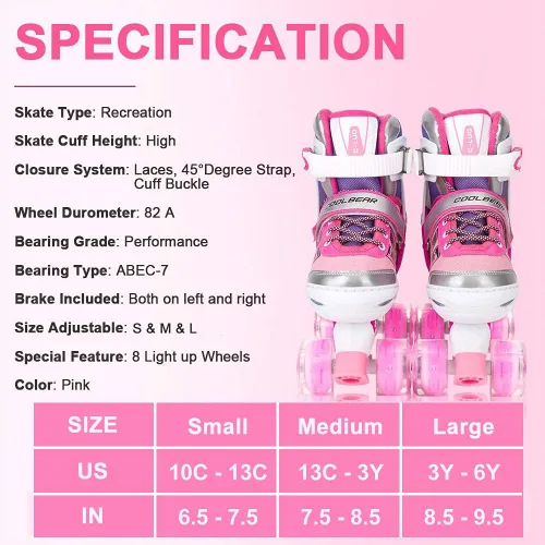 Vista 4 de Patines en línea ajustables para niñas y mujeres, todas las 8 ruedas de los patines de niña brillan, iluminación segura y divertida para niños