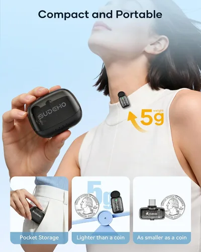 Vista 6 de Mini micrófonos inalámbricos Lavalier para iPhone iPad Android con funda de carga, micrófono de solapa USB C con reducción de ruido y modo cambiador