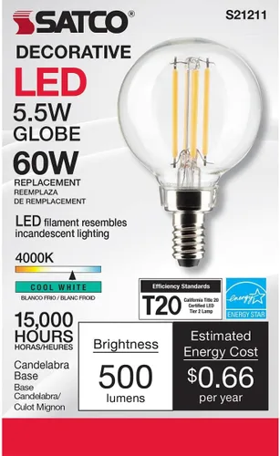 Vista 4 de Satco Bombilla LED E12 de 5.5 W, 4000 K, clasificación de 15000 horas, regulable