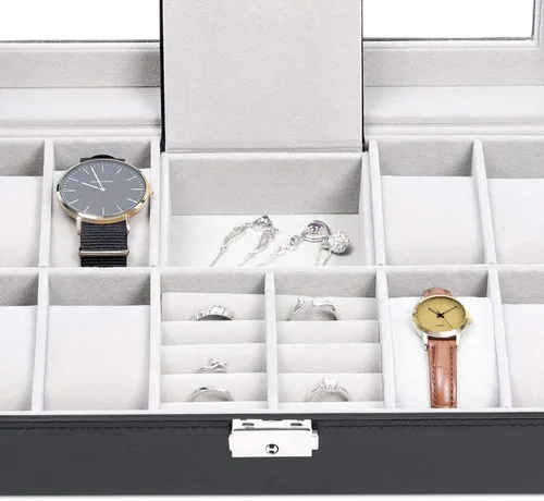 Vista 3 de NEX Caja de reloj 8 ranuras con cerradura de cuero para reloj organizador con almacenamiento de anillos para mujeres y hombres color negro