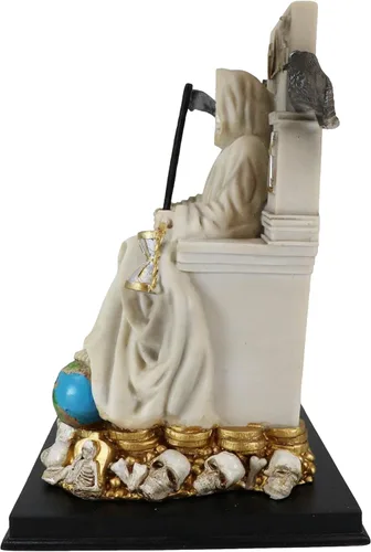 Vista 5 de Ebros Túnica blanca Santa Muerte Santa Muerte Hueso Sagrado Madre sentada en el trono con guadaña Estatua Patrón de Protección Sanación Pureza