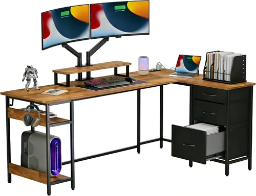 Vista 10 de DEVAISE Escritorio para juegos en forma de L de 48 pulgadas con cajones y almacenamiento, escritorio de esquina con luces LED, tomas de corriente