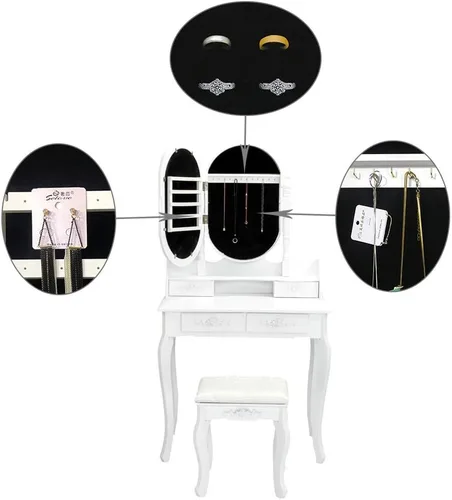 Vista 5 de Juego de mesa de tocador para tocador, mesa de maquillaje de madera, espejo ovalado, mesa de maquillaje para dormitorio con 4 cajones y taburete
