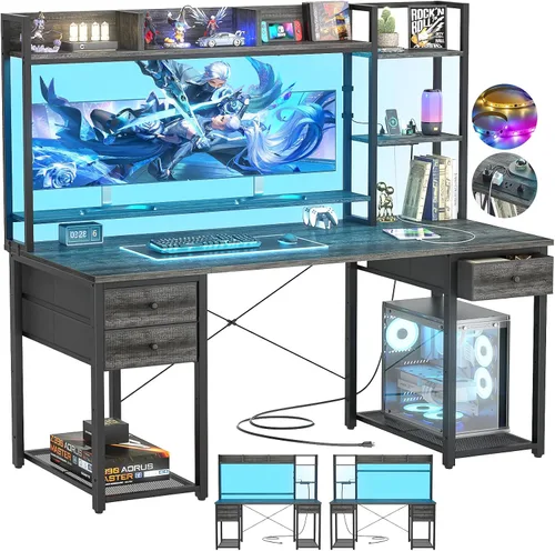 Vista 9 de Aheaplus Escritorio LED para Gaming con Hutch, 47.2'' Estación de Trabajo para Computadora, Negro