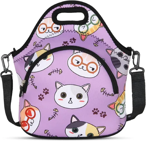 Vista 16 de Violet Mist Bolsas de almuerzo de neopreno con correa para el hombro, bolsas de almuerzo aisladas, lonchera térmica, reutilizable, bolsa bento