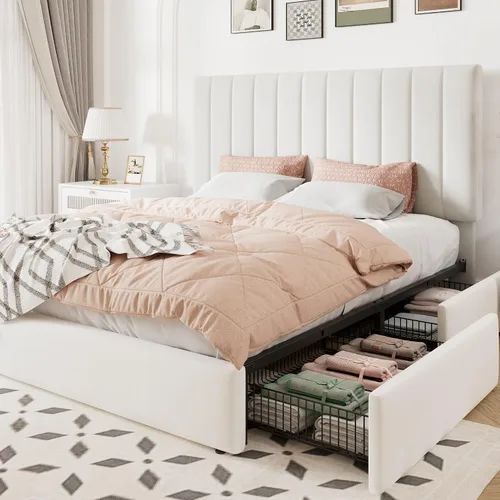 Vista 12 de Allewie Base de cama de almacenamiento de tamaño matrimonial, cabecera ajustable capitoné de canal vertical, plataforma tapizada de terciopelo con 4