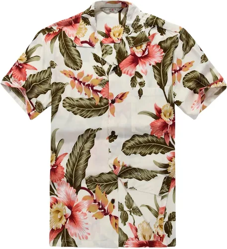 Vista 2 de Conjunto de traje de fiesta hawaiana Luau a juego para parejas, vestido camisero en crema Rafelsia, Crema Rafelsia