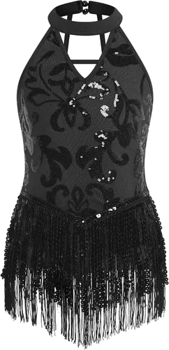 Vista 9 de IBAKOM Body de lentejuelas brillantes con flecos y cuello halter en V, leotardo de gimnasia para niños, espalda abierta, jazz latino, hip hop
