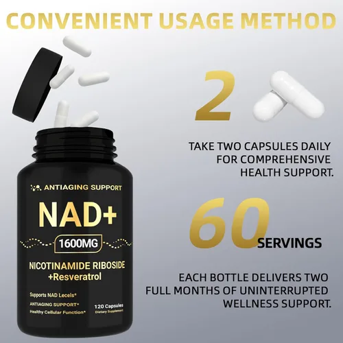 Vista 6 de Suplemento NAD de 1600 mg, NAD+ con resveratrol y ribósido de nicotinamida, apoyo antienvejecimiento, energía celular y apoyo a la claridad mental
