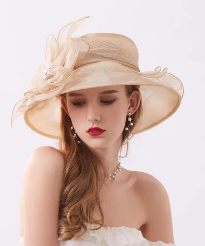Vista 4 de Tocado de organza para mujer, de ala ancha, para iglesia, boda, fiesta de té, boda