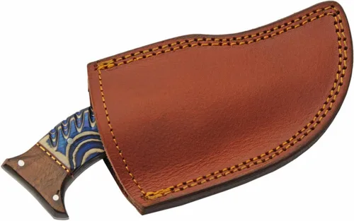 Vista 4 de SANZ - Cuchillo de caza de rinoceronte de Damasco de 8 pulgadas, cuchillo de campamento azul con mango de madera, hoja de espiga completa y funda