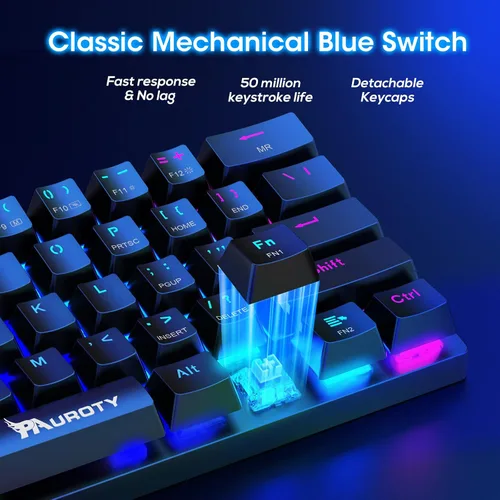 Vista 10 de Pauroty 60% Teclado mecánico inalámbrico, teclado de juego de triple modo 2.4G/USB-C/Bluetooth, retroiluminación RGB, interruptor azul clicky