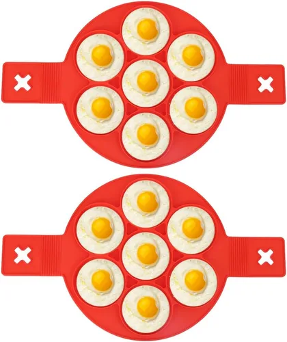 Vista 9 de Oumefar 2 moldes para panqueques de silicona roja para freír huevos con 7 agujeros de forma redonda, herramienta de cocina antiadherente