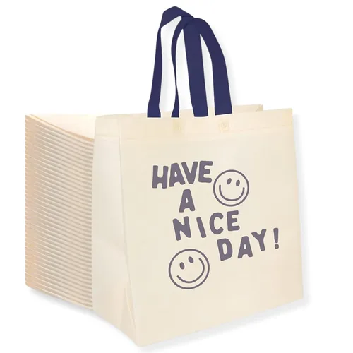 Vista 10 de Bagways Paquete de 30 bolsas de compras reutilizables con asas, duraderas, plegables, lavables, ecológicas, de 14x6.5x14 pulgadas, diseño beige/verde