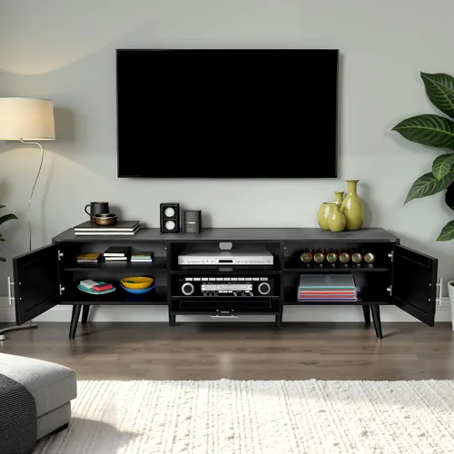 Vista 4 de Finnhomy Soporte de TV bohemio de 59 pulgadas para TV de hasta 70 pulgadas, consola de TV con 2 puertas decoradas de ratán hechas a mano, mesa de TV