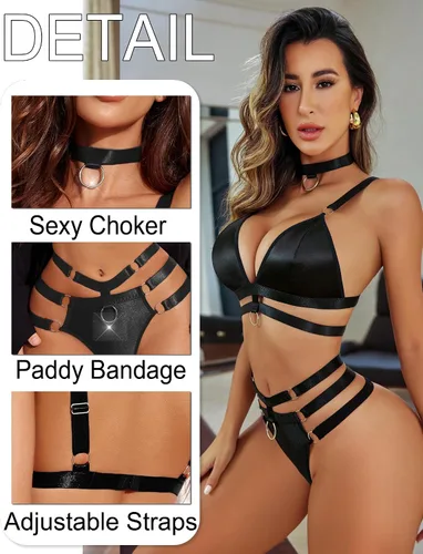 Vista 4 de Avidlove Conjunto de lencería para mujer, conjunto de brasier y calzón con aros en O, 3 piezas