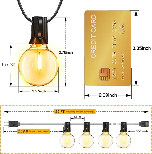 Vista 5 de Ollny Cadena de luces para exteriores de 25 pies, impermeable, conectable, inastillable, con 13 Edison + 1 bombilla LED de repuesto enchufable
