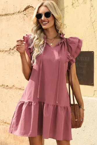 Vista 3 de Dokotoo Vestidos de verano para mujer 2025 con cuello en V con cordón y volantes, manga corta, bolsillos laterales, mini vestido de verano