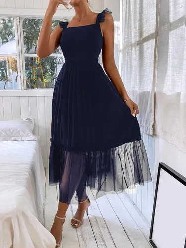 Vista 4 de Floerns Vestido largo de malla sin mangas con dobladillo plisado y volantes para mujer