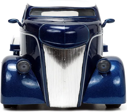 Vista 6 de Jada Toys Just Trucks 1:24 1947 Ford COE - Coche de cama plana fundido a presión color azul oscuro/blanco con estante para neumáticos, juguetes
