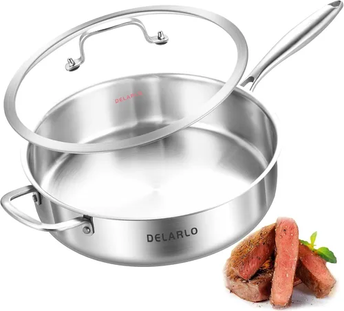 Vista 9 de DELARLO Sartén de Acero Inoxidable de Tres Capas de 3QT con Tapa, Sartén Profunda de 12 Pulgadas, Sartén Grande de Inducción, Sartén de Cocina, Apto
