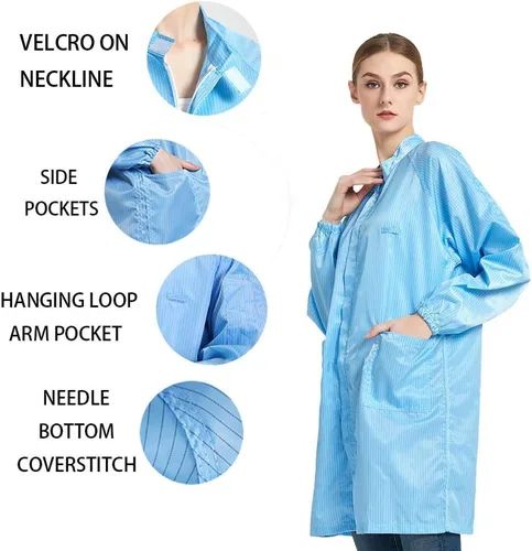 Vista 3 de Vestido de manga larga ESD con cremallera unisex antiestático de laboratorio no elástico ajuste cómodo cuello de pie uniforme mediano blanco