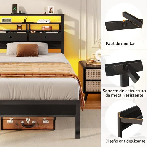 Vista 6 de Furnulem - Base de cama individual con estación de carga y luces LED, roble negro
