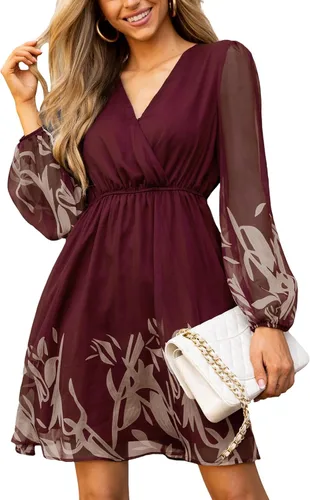 Vista 12 de CUPSHE Vestido floral de otoño para mujer, estilo bohemio, para vacaciones Borgoña Ditsy